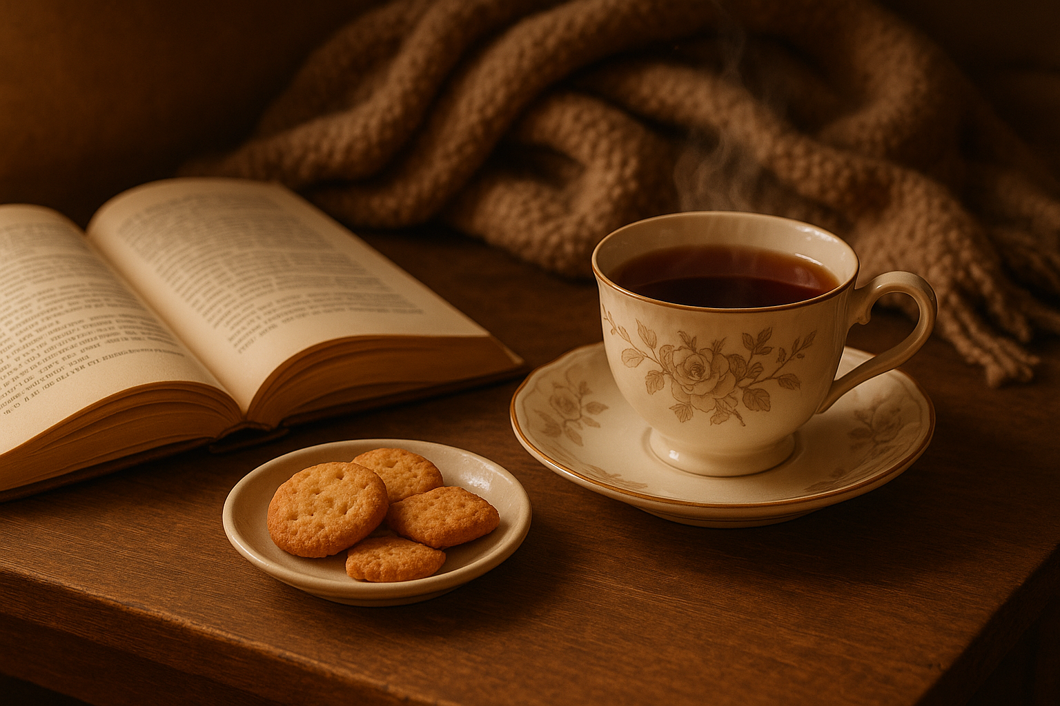 読書とお茶。お茶は紅茶のティーカップにして。